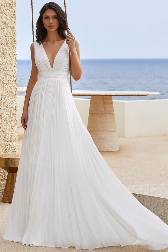 Casual A-Line V-Neck Sleeveless Chiffon Summer Wedding Dress