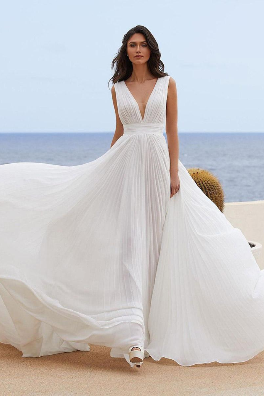 Casual A-Line V-Neck Sleeveless Chiffon Summer Wedding Dress