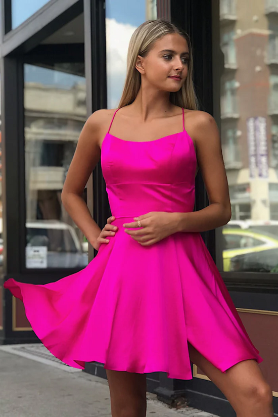 Casual Satin A-Line Bateau Spaghetti Straps Homecoming Dress