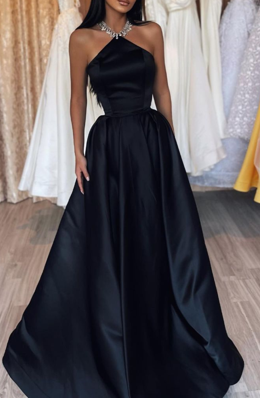 Casual Satin A-Line High Neck Sleeveless Long Prom Dress