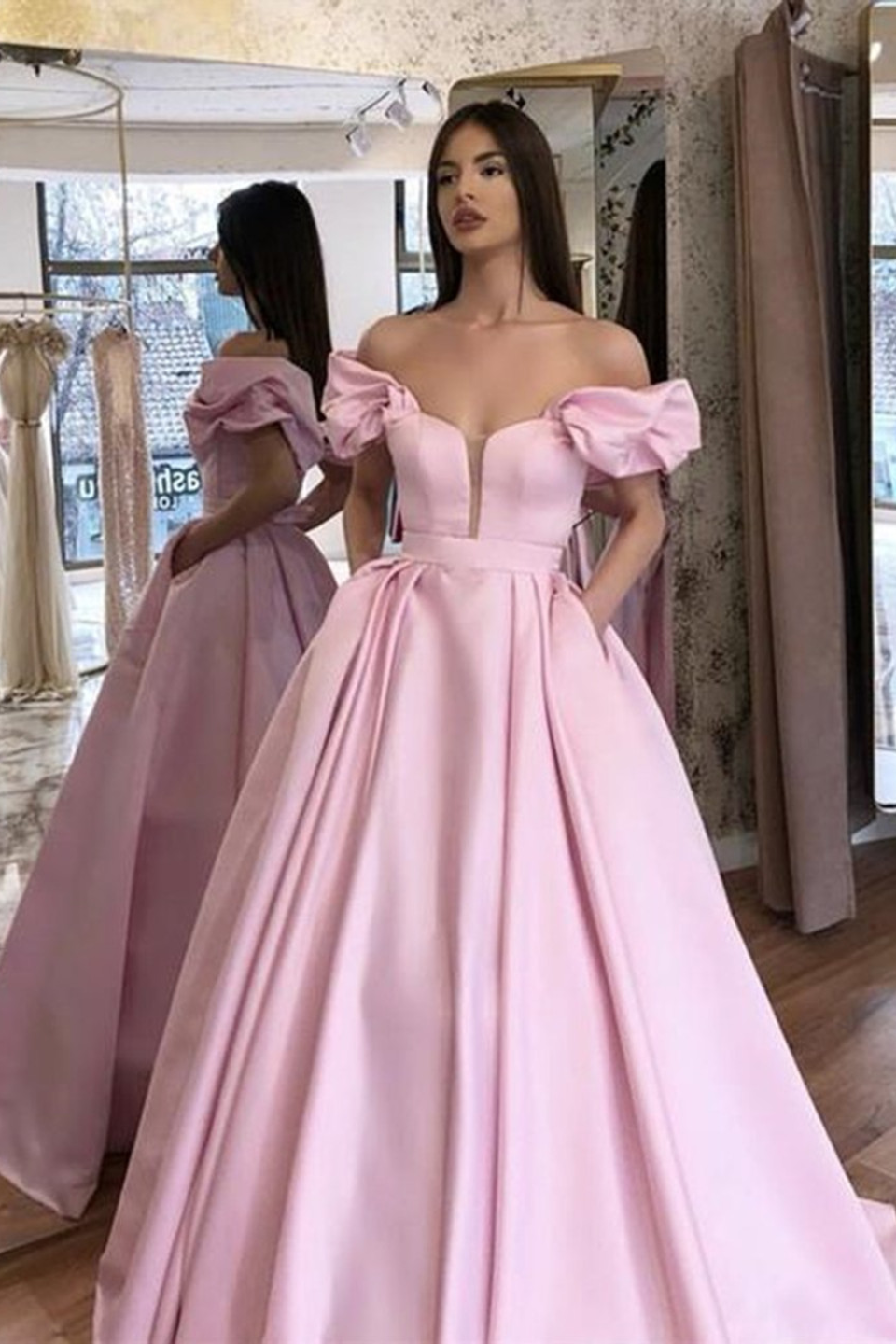 Casual Satin A-Line Off-Shoulder With Pockets Long Prom Dress