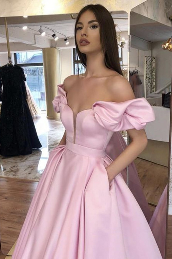 Casual Satin A-Line Off-Shoulder With Pockets Long Prom Dress