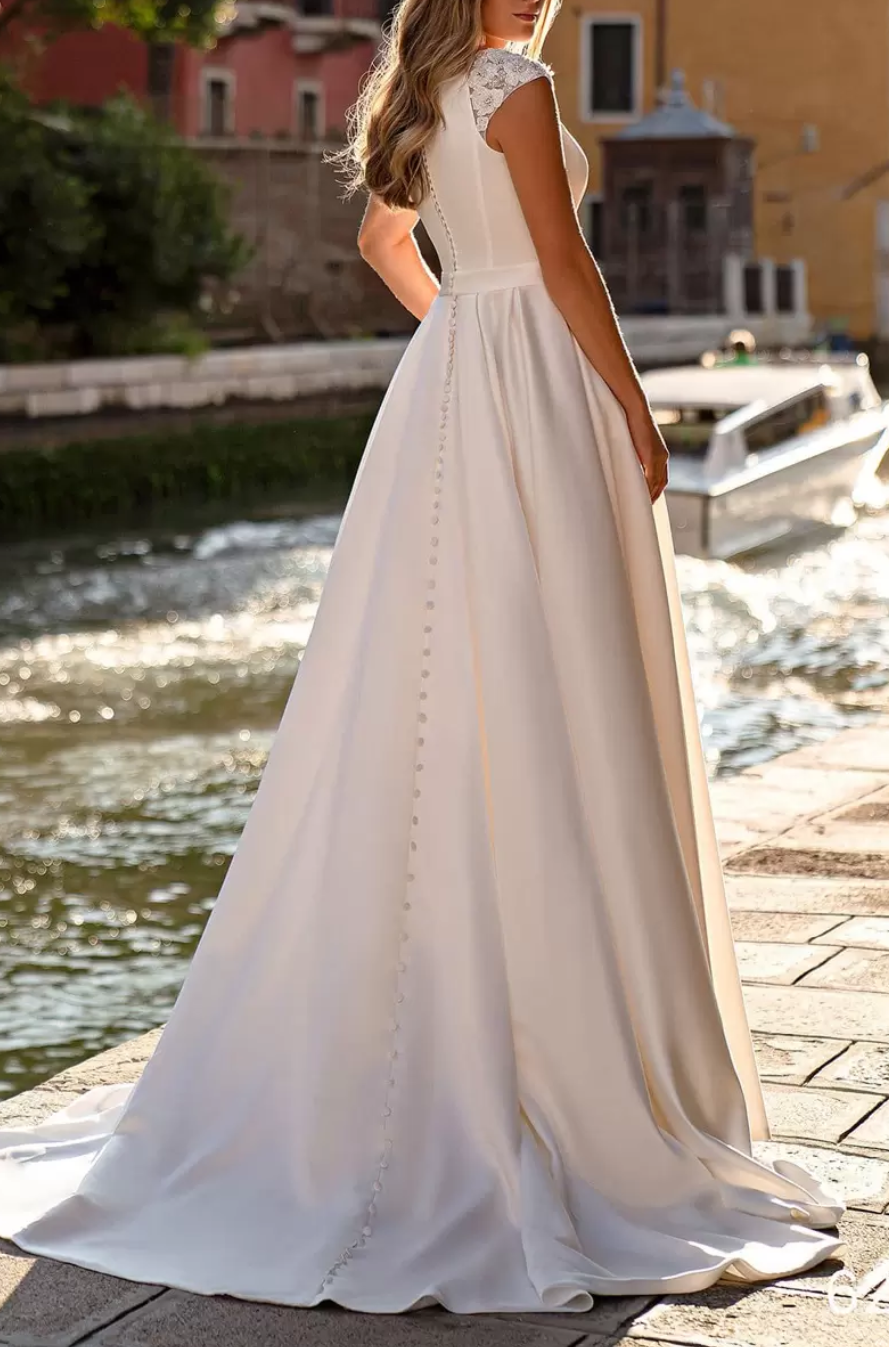 Casual Satin A-Line Scoop Cap Sleeves Appliques Beaded Wedding Dress