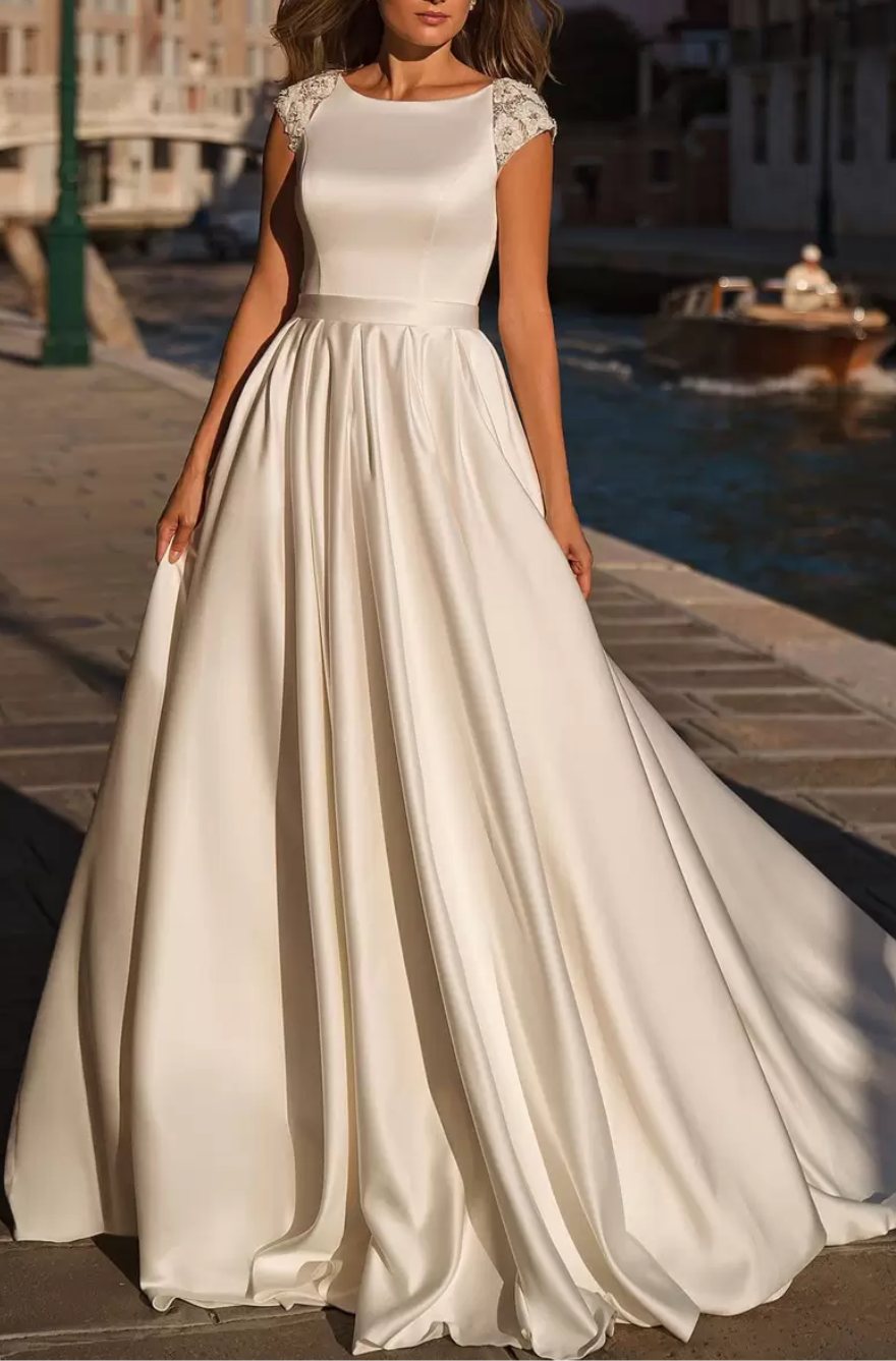 Casual Satin A-Line Scoop Cap Sleeves Appliques Beaded Wedding Dress