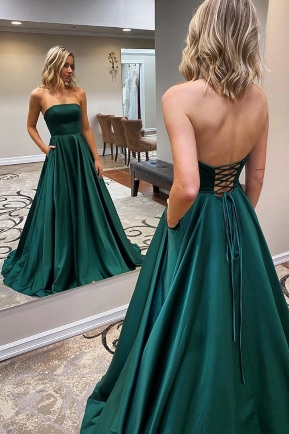 Casual Satin A-Line Strapless Long Party Prom Dress