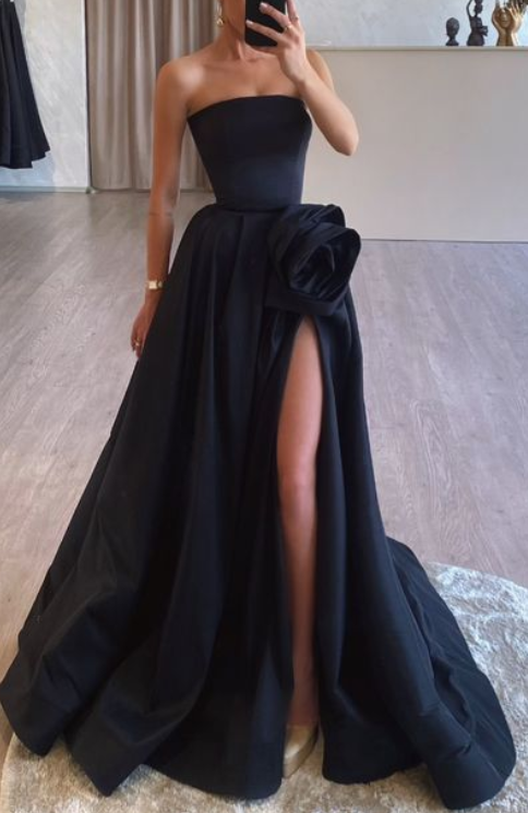 Casual Satin A-Line Strapless With Side Slit Prom Dress