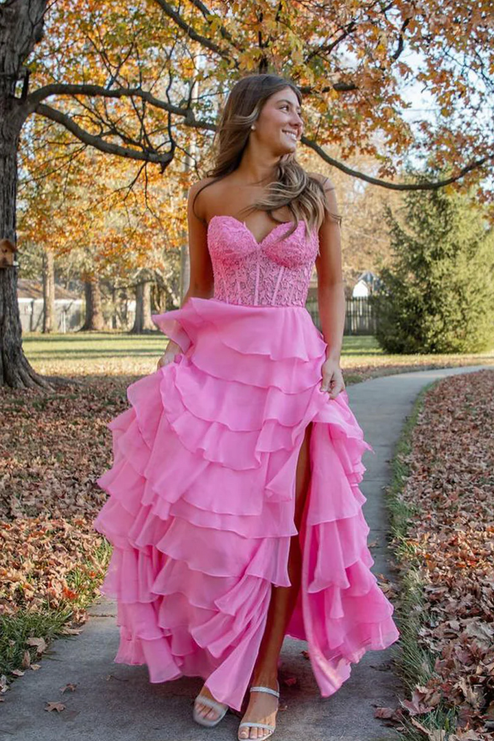 Casual Satin A-Line Sweetheart Strapless Tiered Long Prom Dress