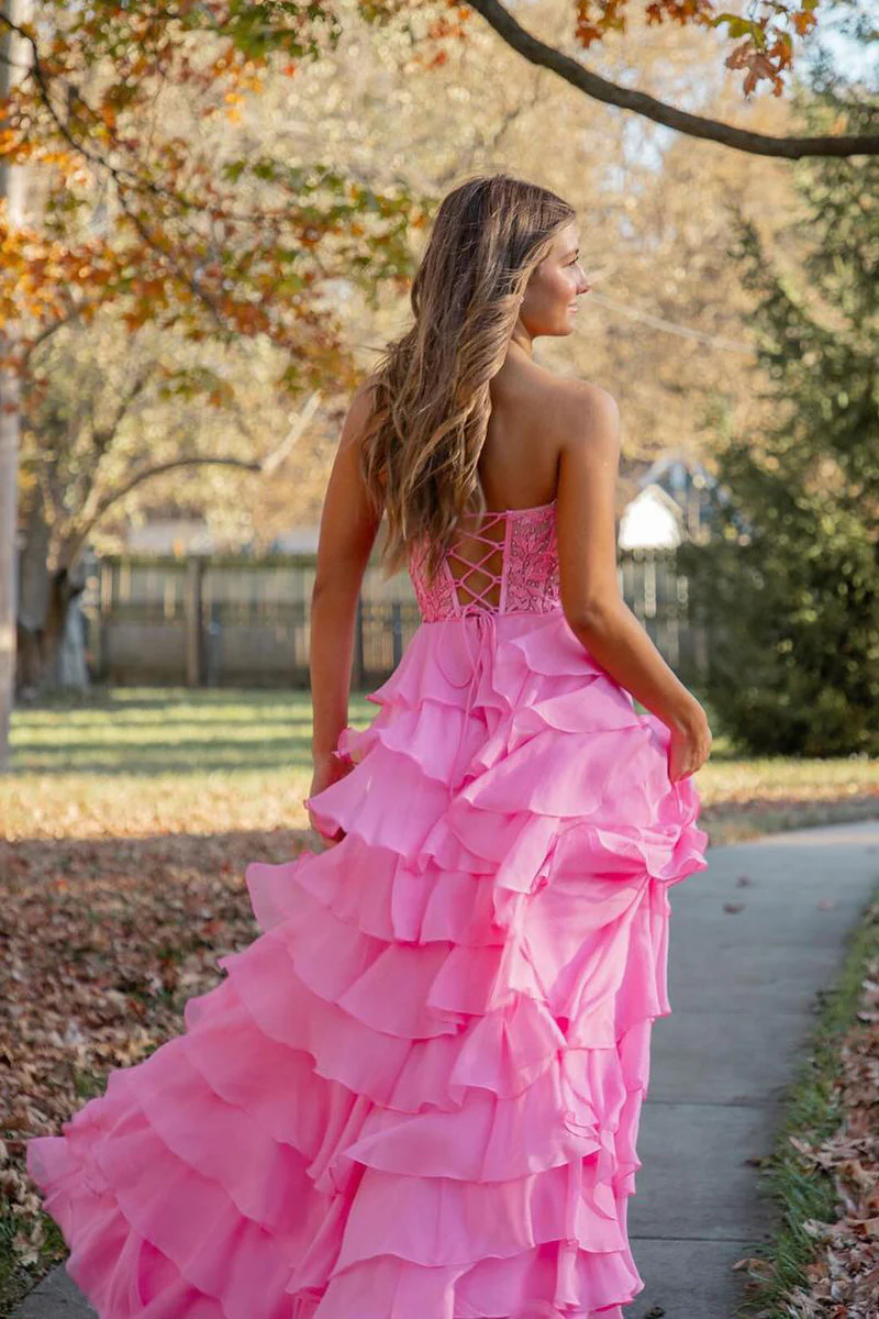 Casual Satin A-Line Sweetheart Strapless Tiered Long Prom Dress