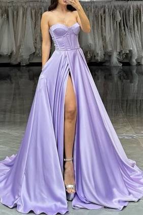 Casual Satin A-Line Sweetheart Strapless With Side Slit Prom Dress