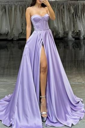 Casual Satin A-Line Sweetheart Strapless With Side Slit Prom Dress