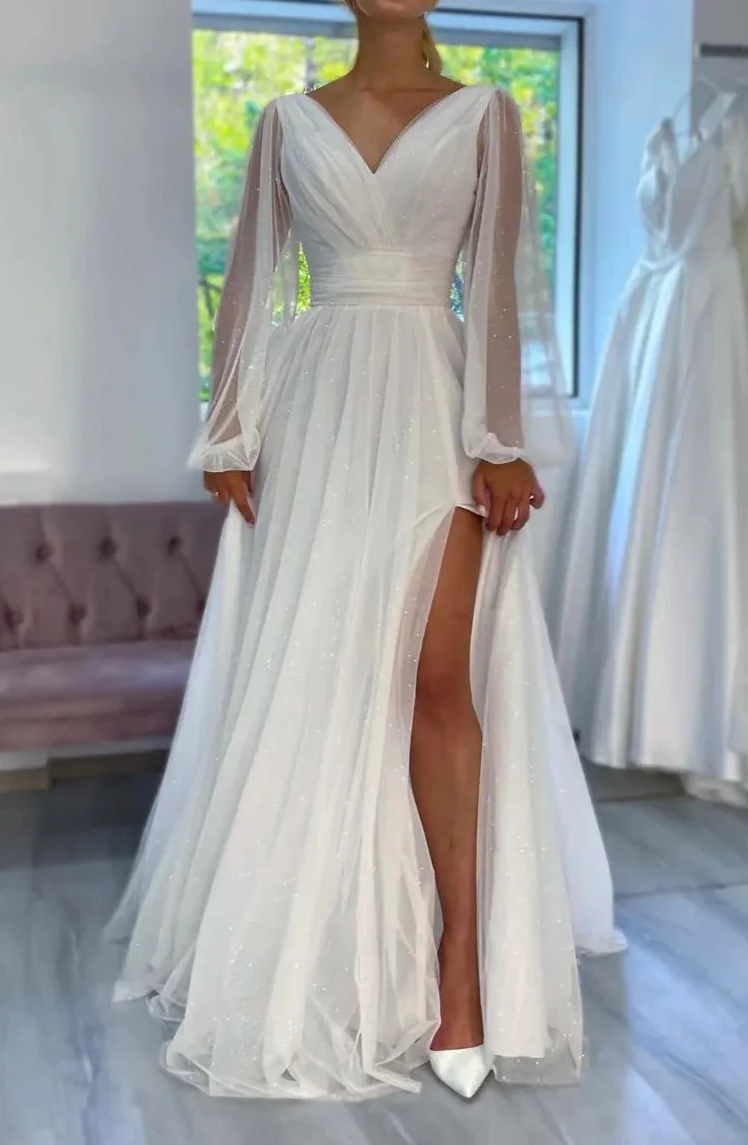 Casual Satin A-Line V-Neck Long Sleeves Empire With Side Slit Summer W   Movousdress