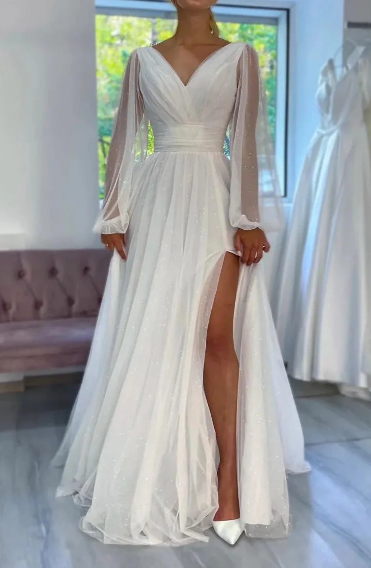 Casual Satin A-Line V-Neck Long Sleeves Empire With Side Slit Summer Wedding Dress