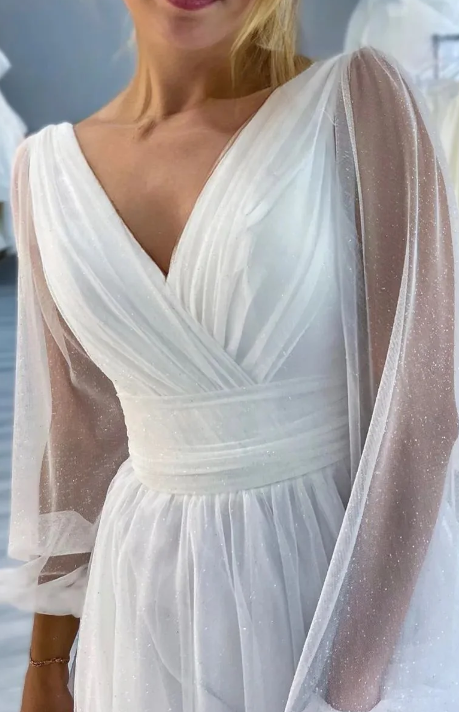 Casual Satin A-Line V-Neck Long Sleeves Empire With Side Slit Summer Wedding Dress