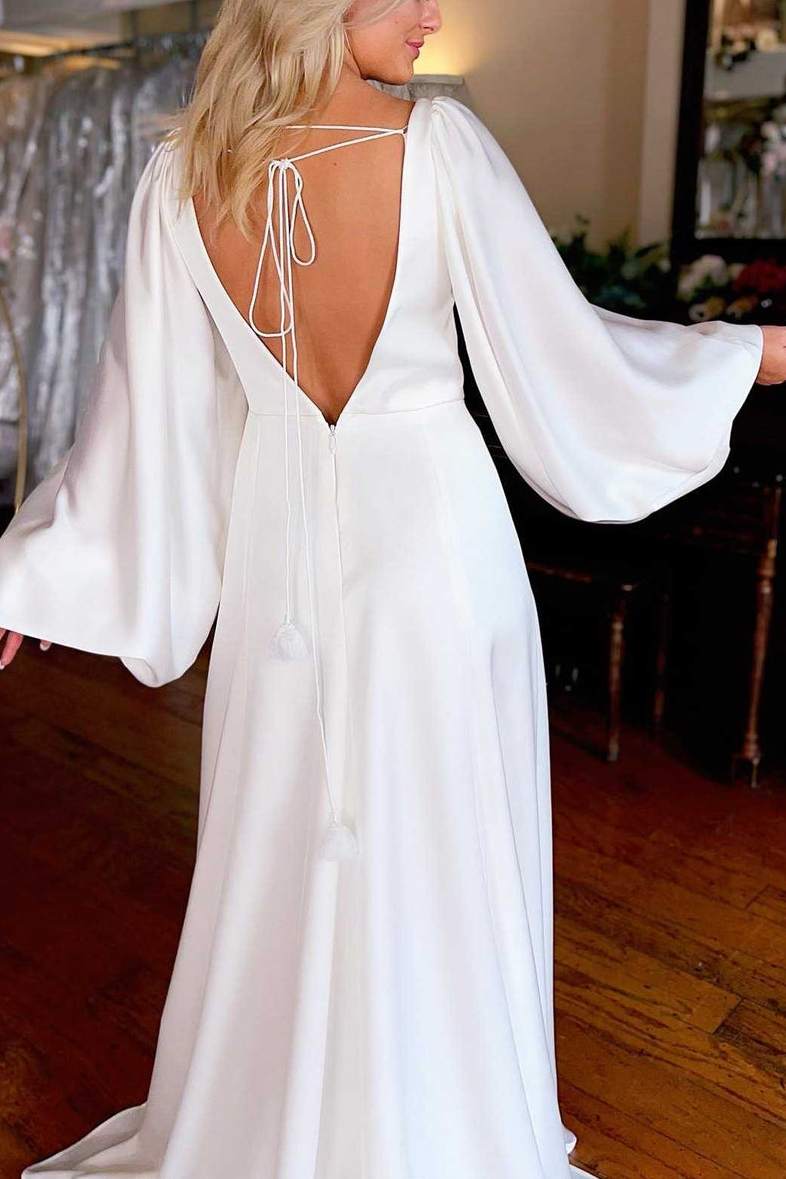 Casual Satin A-Line V-Neck Long Sleeves With Side Slit Wedding Dress