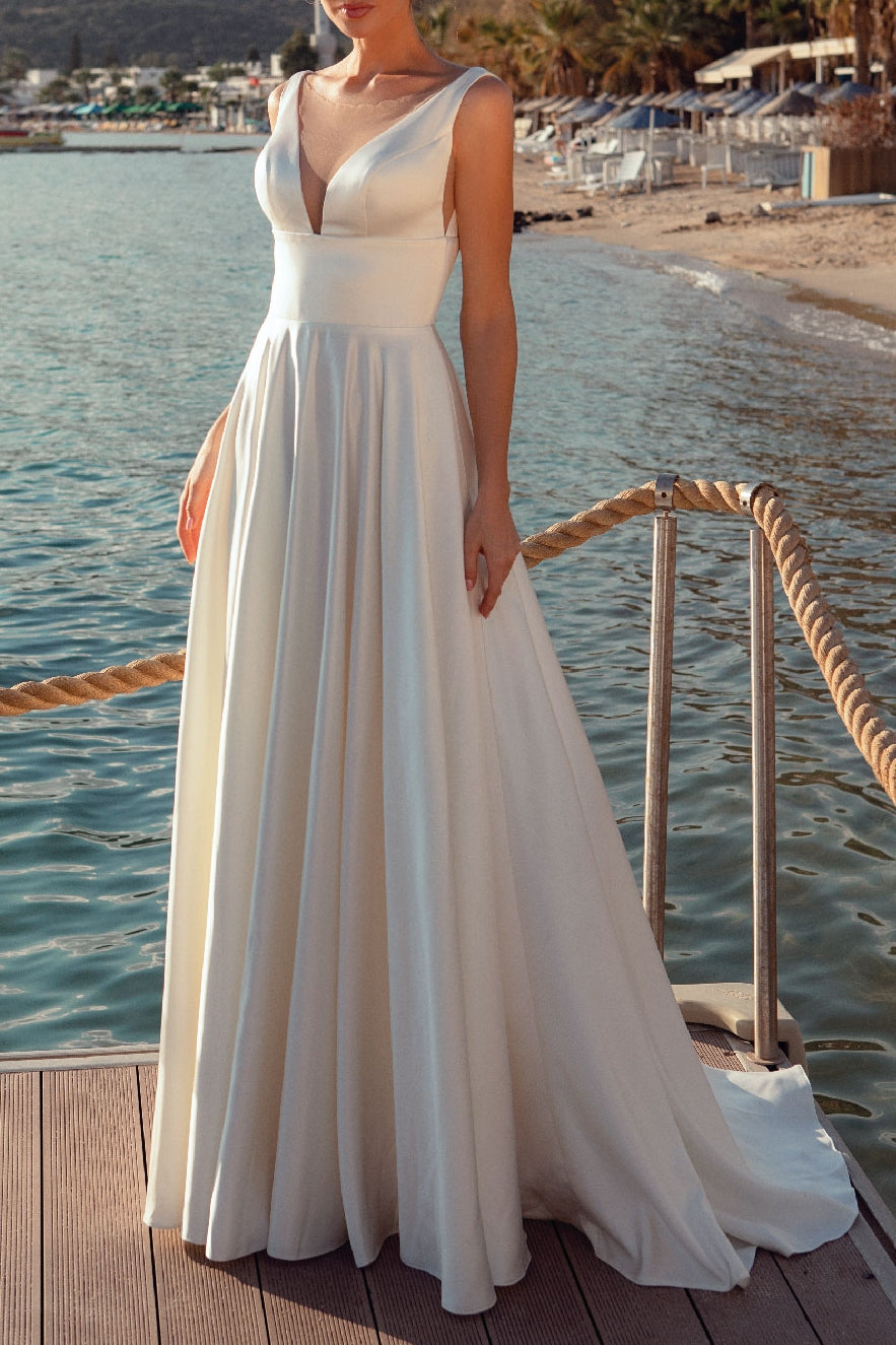 Casual Satin A-Line V-Neck Sleeveless With Train Wedding Dress