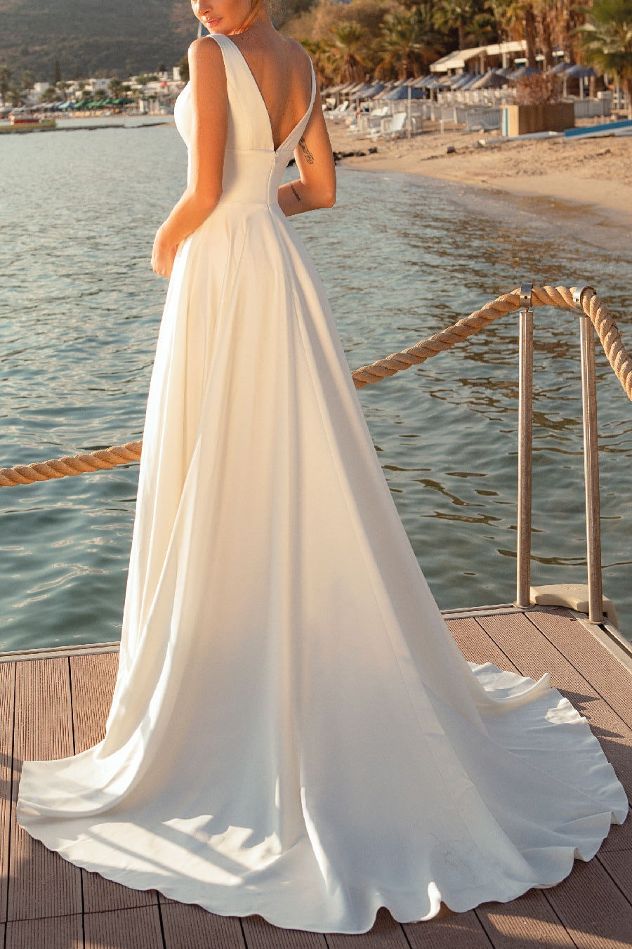 Casual Satin A-Line V-Neck Sleeveless With Train Wedding Dress