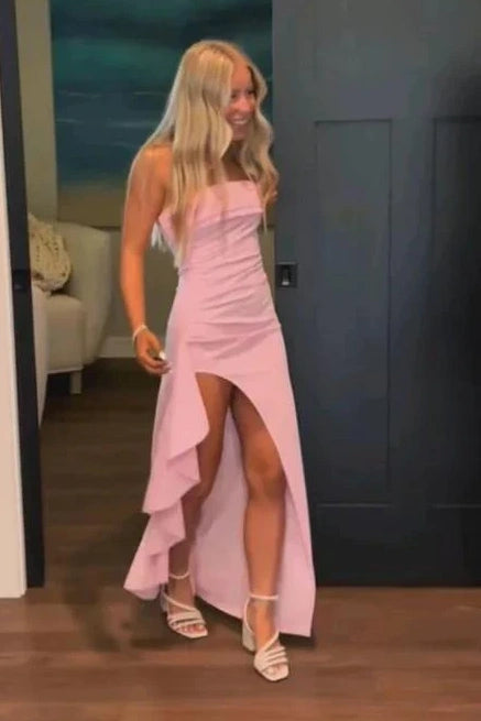 Casual Satin Fitted Empire Strapless Party Prom Dress With Slit