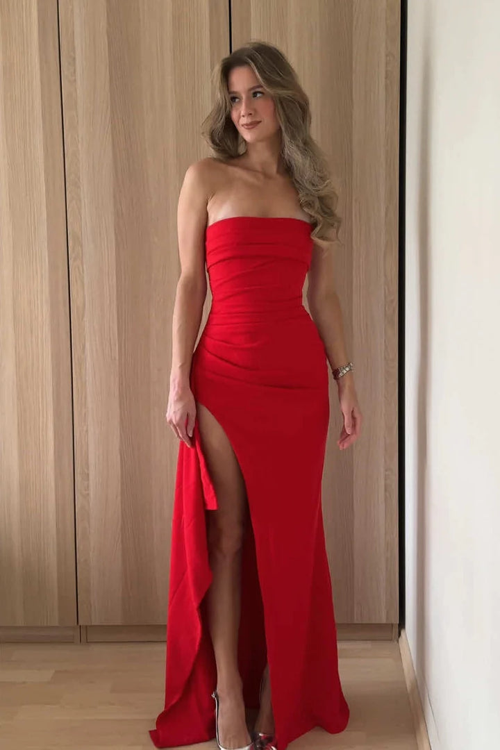 Casual Satin Fitted Empire Strapless Party Prom Dress With Slit