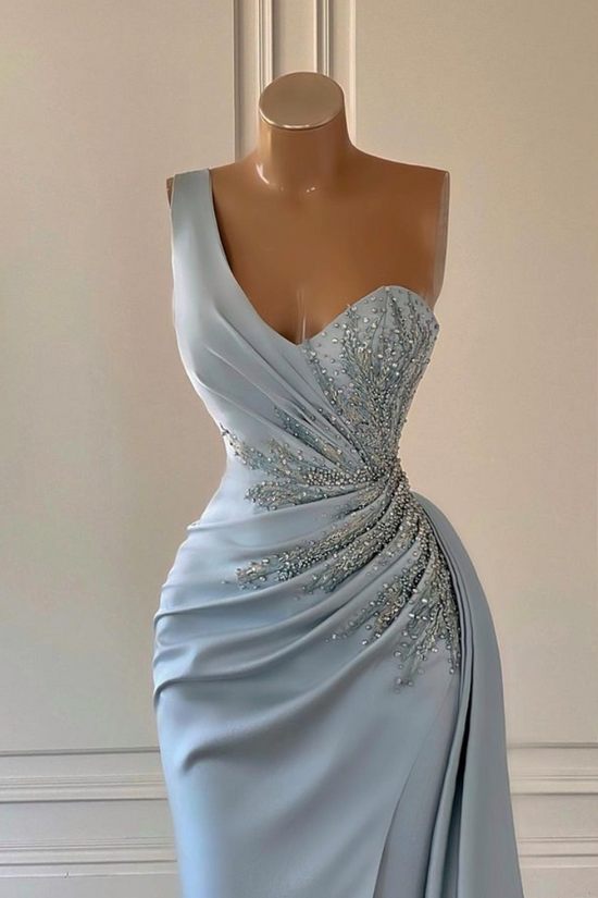 Casual Satin Fitted One Shoulder Beaded Draped With Train Prom Dress