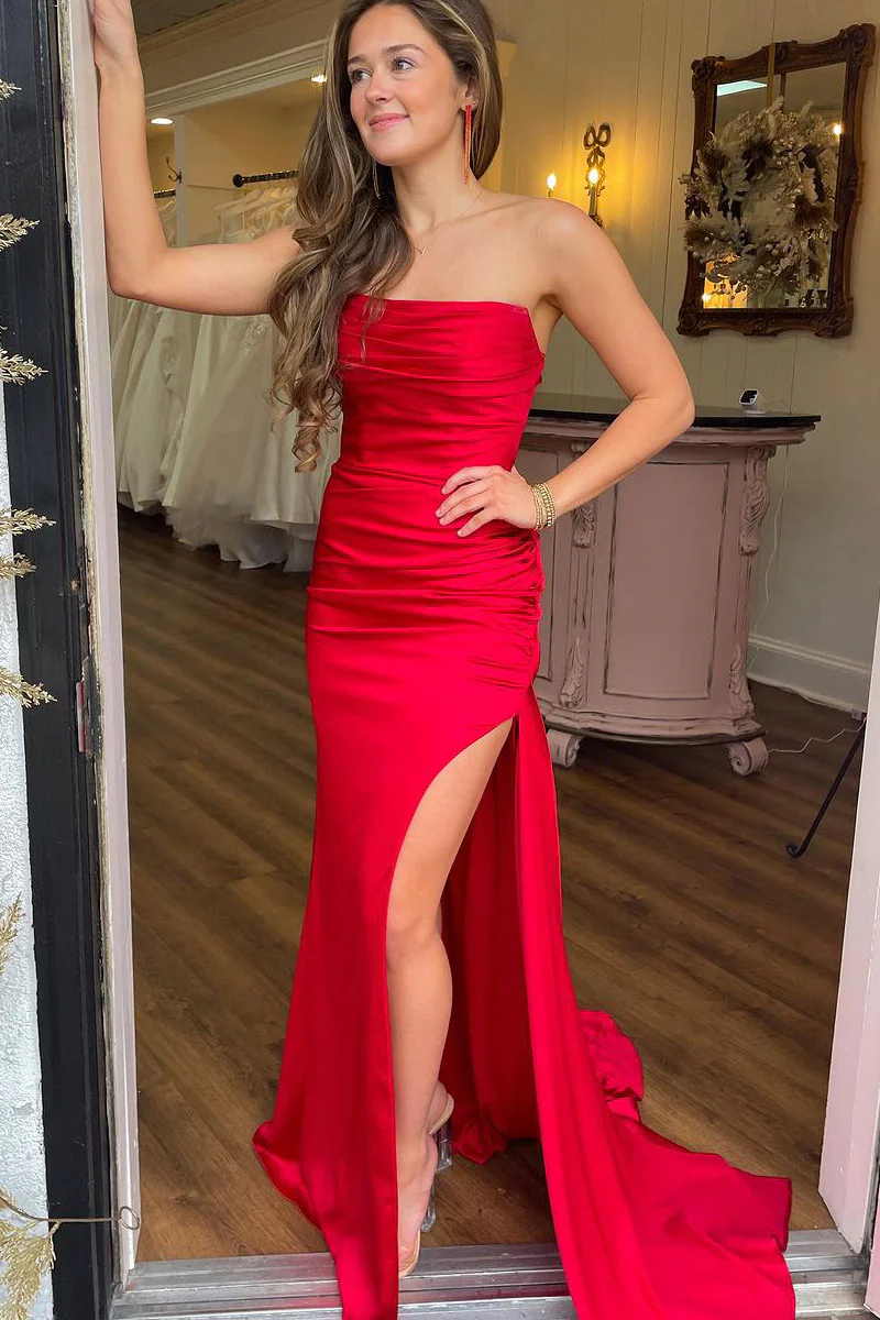 Casual Satin Fitted Strapless With Side Slit Prom Dress Movousdress Casual Satin Fitted Strapless With Side Slit Prom Dress Movousdress