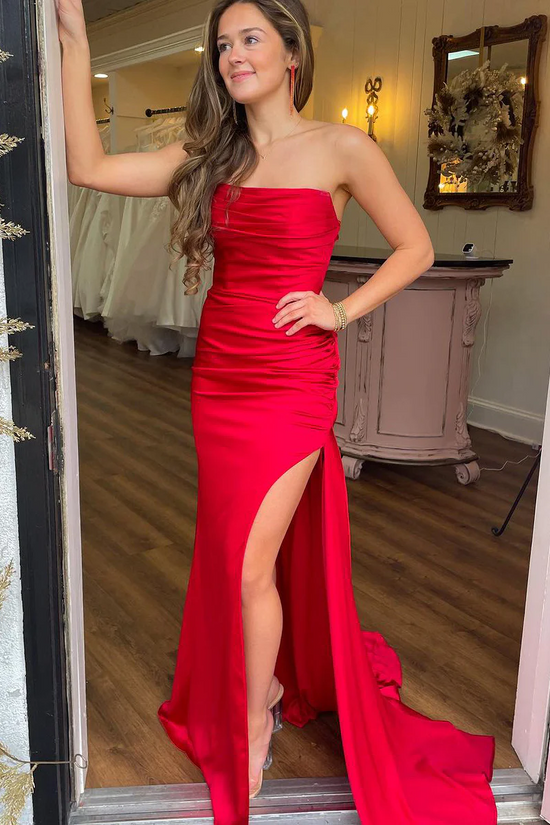 Casual Satin Fitted Strapless With Side Slit Prom Dress