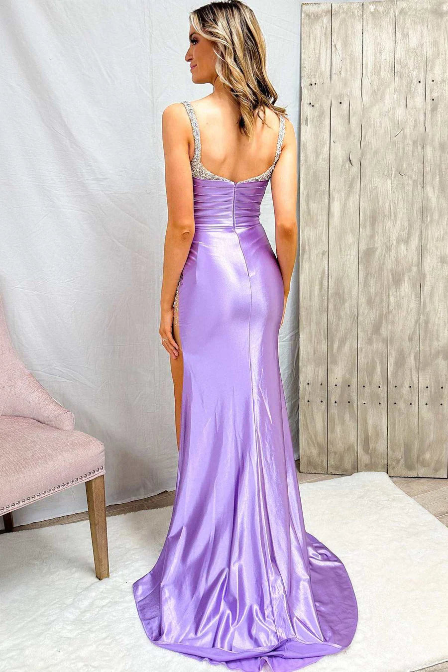 Casual Satin Fitted Sweetheart Spaghetti Straps Beaded Prom Dress