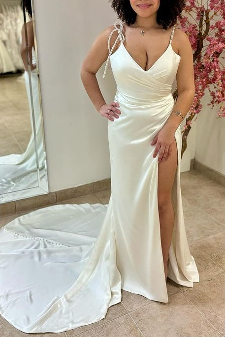 Satin Fitted V-Neck Sleeveless Wedding Dress With Side Slit