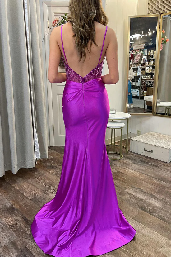 Casual Satin Trumpet Sweetheart Spaghetti Straps Beaded Prom Dress