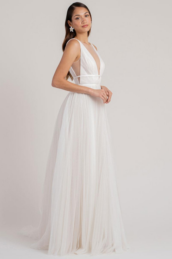 Casual Tulle A-Line Sheer Scoop Open Back Long Wedding Dress