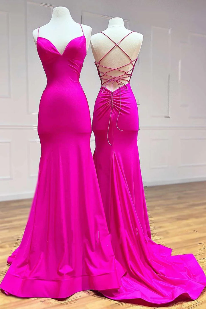 Casual V-Neck Sleeveless Lace Up Satin Trumpet Prom Dress