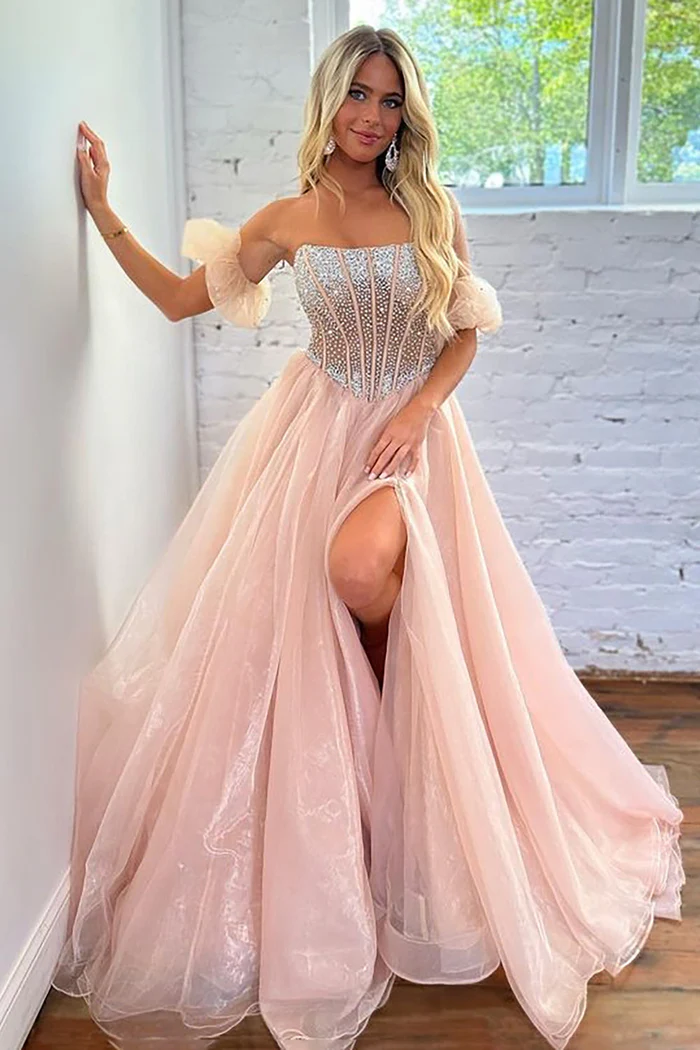 Chic A-Line Bateau Beaded Tulle Long Prom Dress