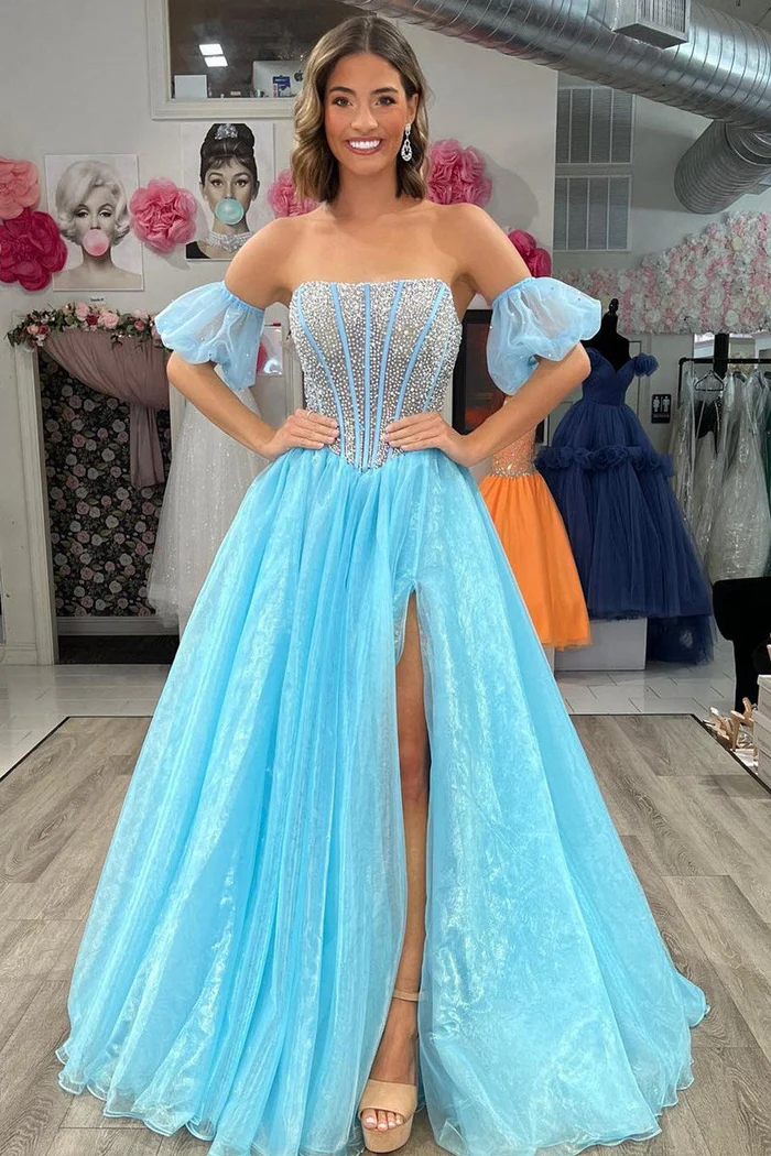 Chic A-Line Bateau Beaded Tulle Long Prom Dress