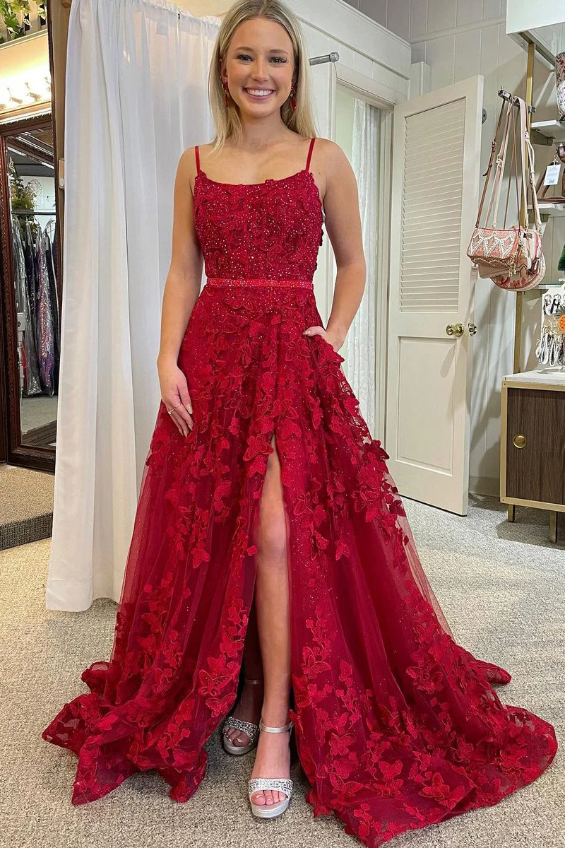 Chic A-Line Bateau Lace Appliques With Pockets Long Prom Dress