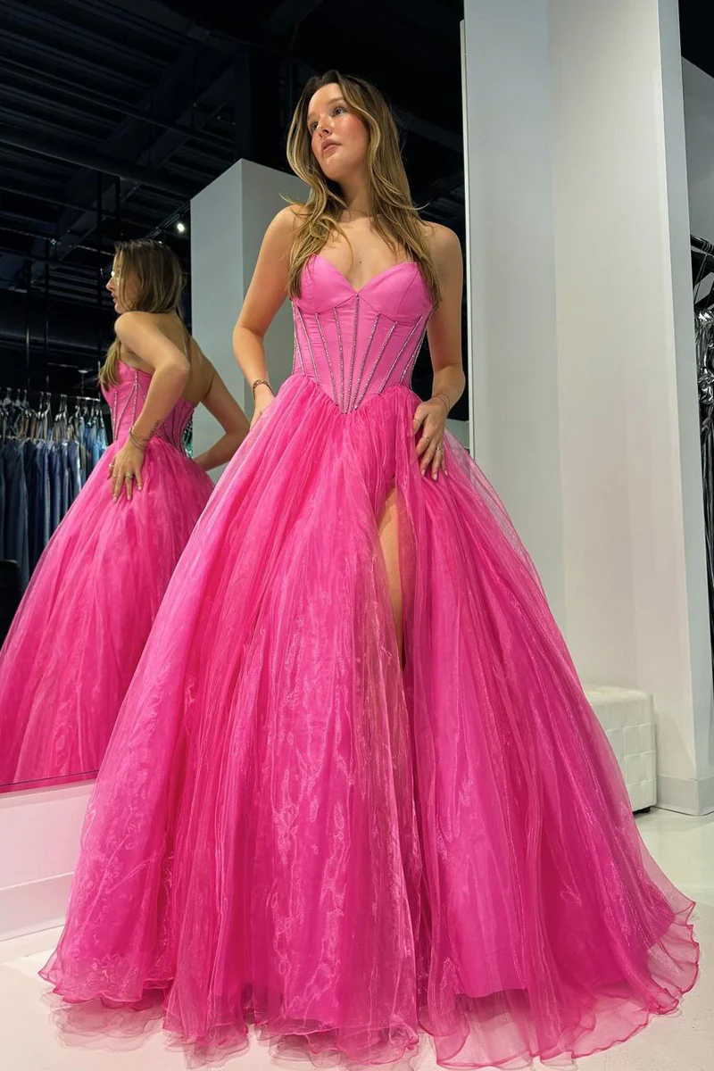 Chic A-Line Sweetheart Strapless Beaded Tulle Formal Prom Dress