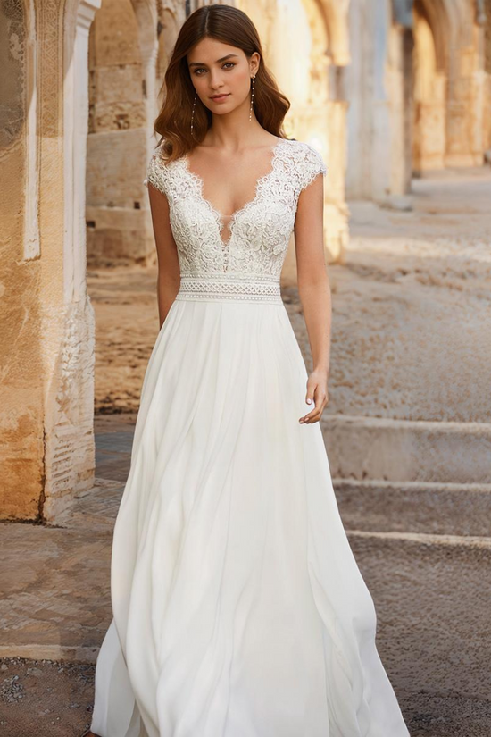 Chic A-Line V-Neck Cap Sleeves Lace Appliques Wedding Dress