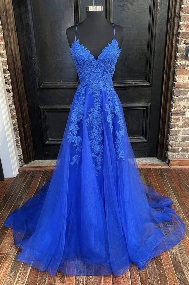 Chic A-Line V-Neck Spaghetti Straps Appliques Formal Prom Dress