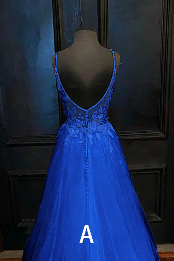 Chic A-Line V-Neck Spaghetti Straps Appliques Formal Prom Dress