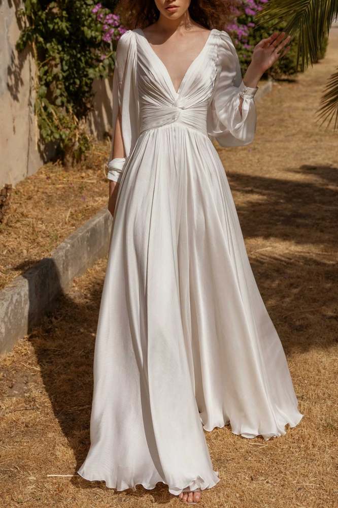 Chic Chiffon A-Line V-Neck Long Sleeves Long Wedding Dress