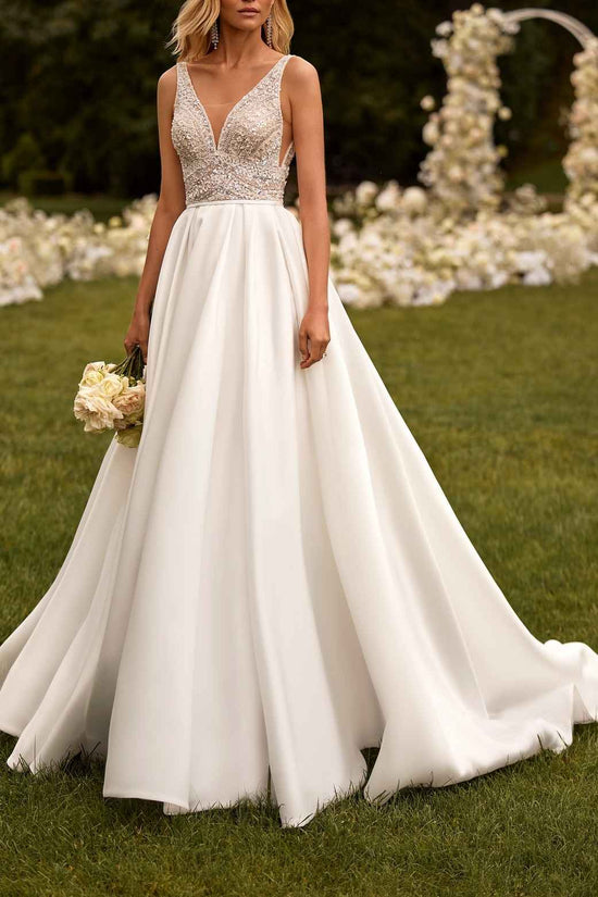 Chic Chiffon A-Line V-Neck Sleeveless Beaded Wedding Dress