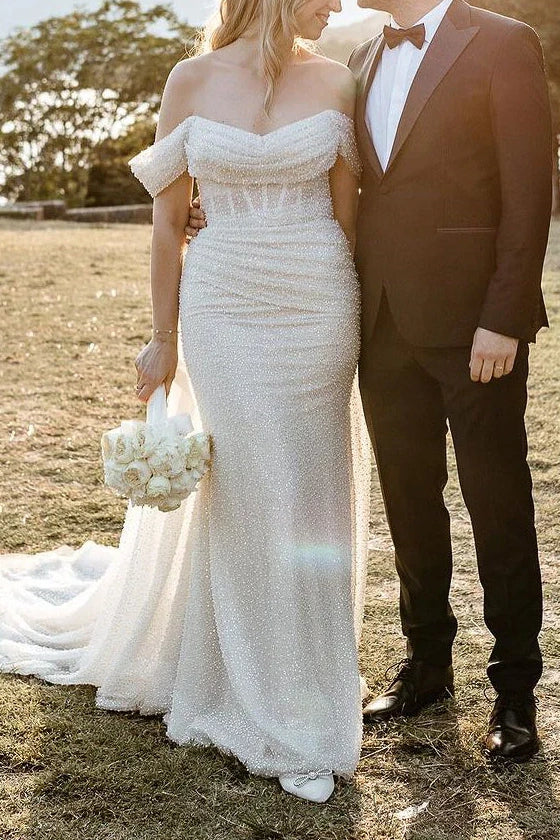 Chic Fitted Off-Shoulder Sleeveless With Train Wedding Dress