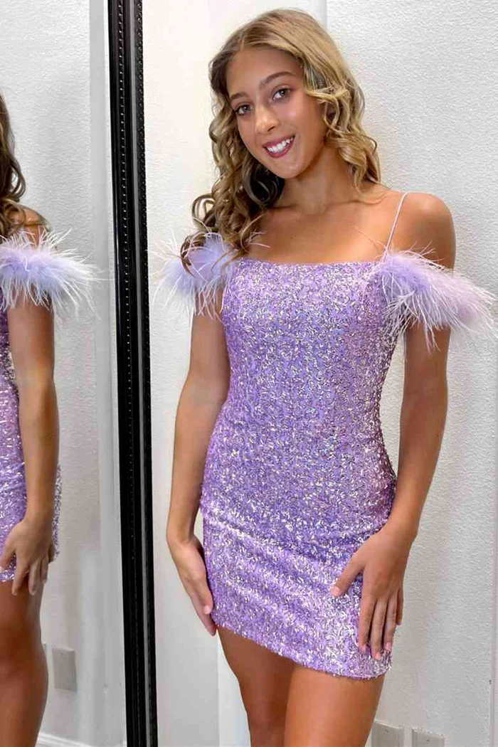 Chic Glitter Fitted Feather Off-Shoulder Sequins Homecoming Party Dress