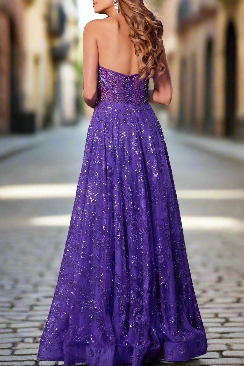 Chic Lace A-Line Strapless Long Formal Prom Dress