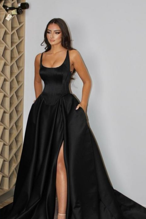 Chic Satin A-Line Bateau Empire With Pockets Long Prom Dress