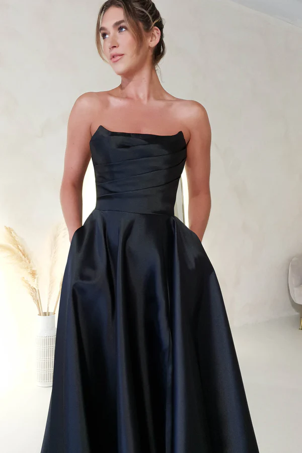 Chic Satin A-Line Bateau Strapless With Side Slit Prom Dress