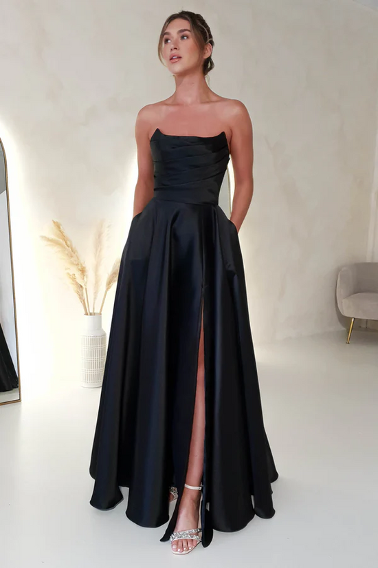 Chic Satin A-Line Bateau Strapless With Side Slit Prom Dress