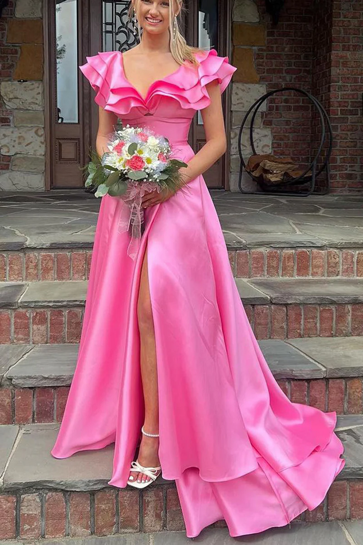 Chic Satin A-Line Empire V-Neck Ruffled Long Prom Dress