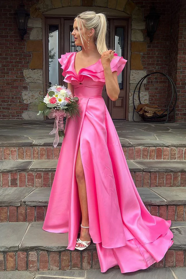 Chic Satin A-Line Empire V-Neck Ruffled Long Prom Dress