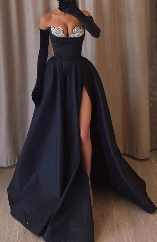 Chic Satin A-Line Strapless Beaded Long Prom Dress