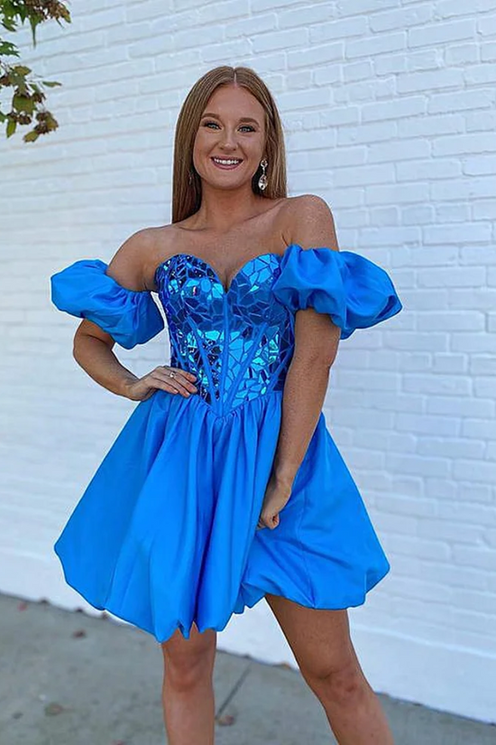 Chic Satin A-Line Sweetheart Beaded Detachable Puff Sleeves Homecoming Movousdress Chic Satin A-Line Sweetheart Beaded Detachable Puff Sleeves Homecoming Movousdress