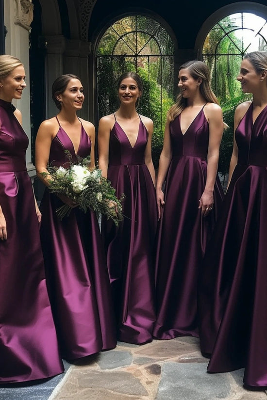 Chic Satin A-Line V-Neck Spaghetti Straps Bridesmaid Dress